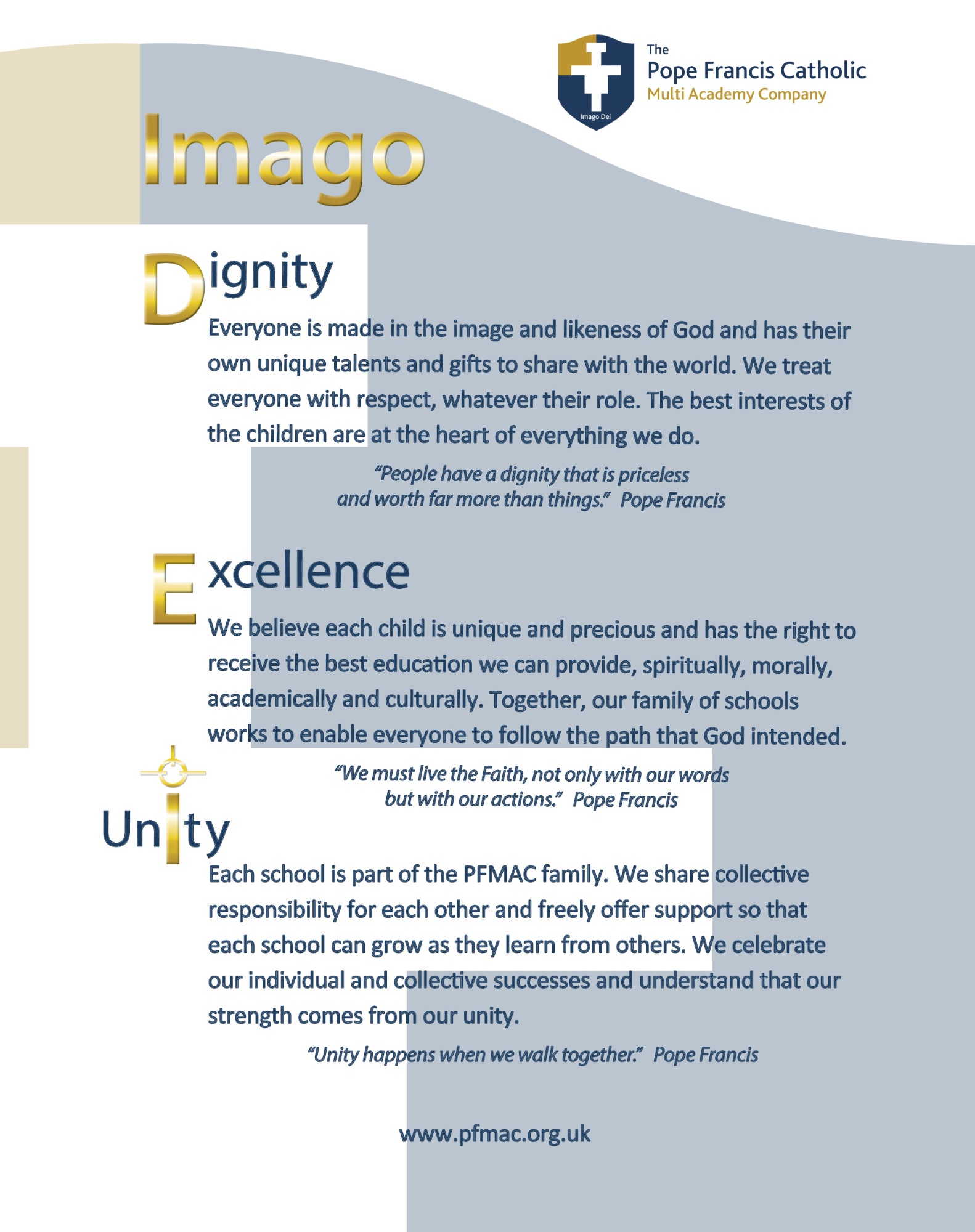 Imago dei values of dignity, excellence and unity listed